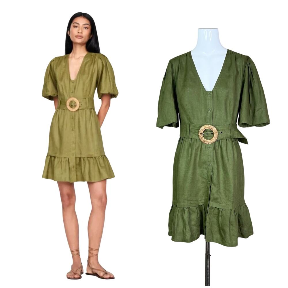 Marie Oliver | Gwyneth Linen Olive Green Belted Bell Sleeve Designer Mini Dress